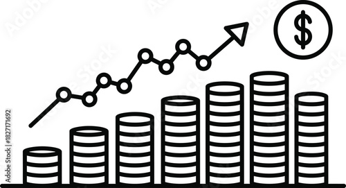 Financial growth illustration with rising bar chart, stacked coins, upward trend line, and dollar symbol perfect for business, investment, savings, and economics designs