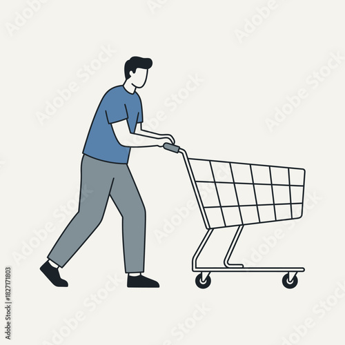 Man in casual clothes pushing an empty supermarket shopping cart. Flat Vector Illustrations. EPS Editable