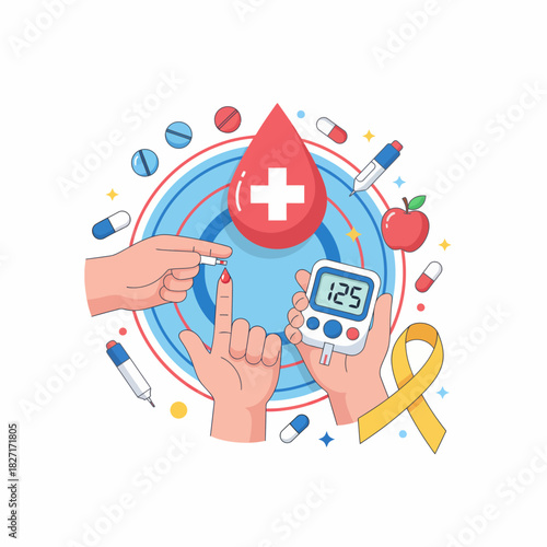 Medical concept illustration for diabetes care with glucometer and blood drop. Flat Vector Illustrations. EPS Editable