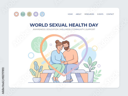 Romantic couple sitting on a bench holding hands with a large heart symbol behind them. Flat Vector Illustrations. EPS Editable