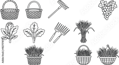 Collection of hand drawn gardening tools, baskets, vegetables and wheat harvest icons, farm produce illustration set for agriculture and organic farming design