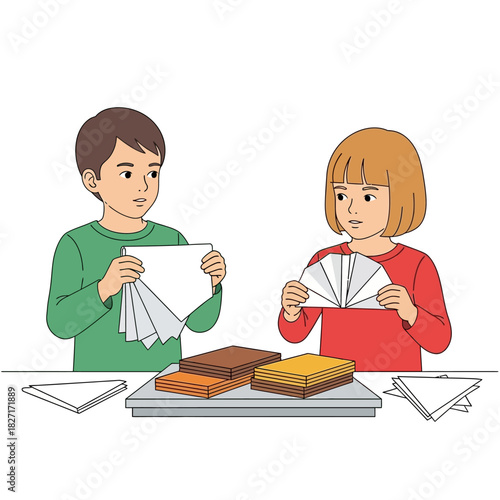 Two children a boy and a girl doing a paper folding craft activity together at a table. Flat Vector Illustrations. EPS Editable