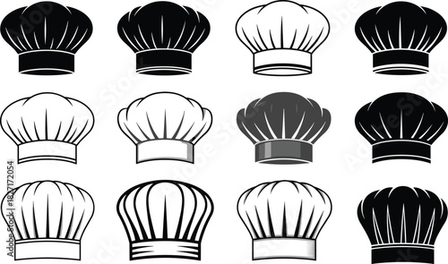 Collection of chef hat illustrations in various styles, cooking and culinary icons, professional kitchen symbol set for restaurant branding and food design