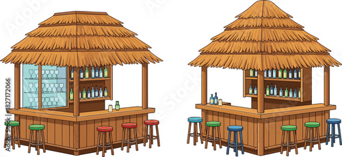 Tropical tiki bar illustration set with wooden counter, thatched roof, colorful stools and bottles, beach bar design for summer vacation themes