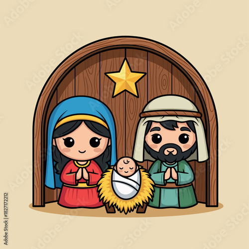 Vector illustration of cute cartoon Nativity scene with Mary, Joseph and baby Jesus in stable. Concept of happy Christmas, children's religion and holiday celebration