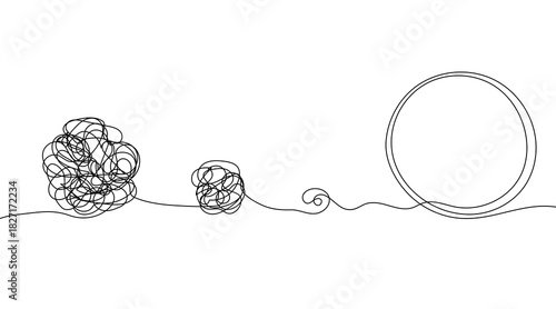 Chaos and order abstract minimalist vector illustration. Concept of a complex disorganized problem represented by a tangled continuous black line that needs unraveling. 