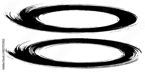 Two bold black ink circles painted with dynamic brush strokes, minimalist Japanese sumi-e style, clean background.