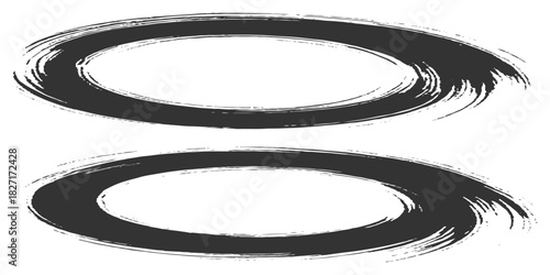 Two bold black ink circles painted with dynamic brush strokes, minimalist Japanese sumi-e style, clean background.