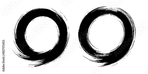 Two bold black ink circles painted with dynamic brush strokes, minimalist Japanese sumi-e style, clean background.