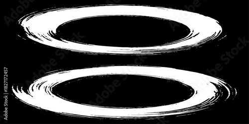 Two bold black ink circles painted with dynamic brush strokes, minimalist Japanese sumi-e style, clean background.