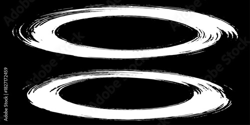 Two bold black ink circles painted with dynamic brush strokes, minimalist Japanese sumi-e style, clean background.