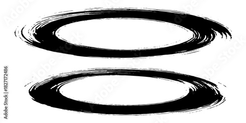 Two bold black ink circles painted with dynamic brush strokes, minimalist Japanese sumi-e style, clean background.