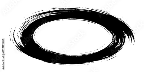 Two bold black ink circles painted with dynamic brush strokes, minimalist Japanese sumi-e style, clean background.