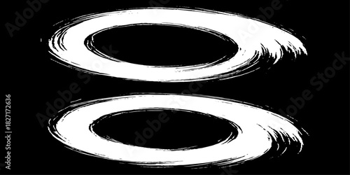 Two bold black ink circles painted with dynamic brush strokes, minimalist Japanese sumi-e style, clean background.