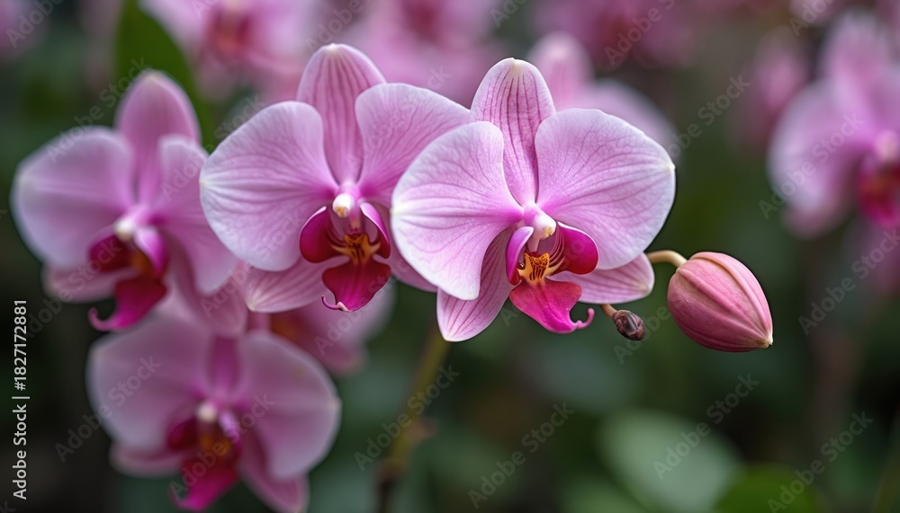 Obraz premium Pink orchids bloom with vibrant petals, displaying intricate details. Delicate flowers show bright color. Unbloomed bud sits beside, hinting at future blossoms. Green leaves provide contrast.
