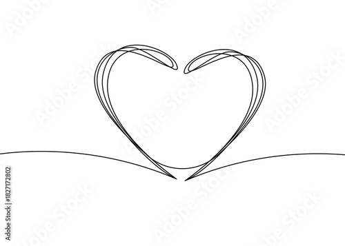 Minimalist continuous one line art drawing of a heart symbolizing love and affection. Abstract hand-drawn heart shape for romantic designs, Valentine’s Day cards, wedding invitations, love decor