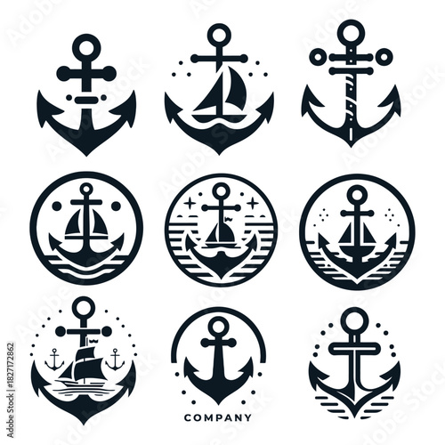 Modern set of black and white anchor logo templates for nautical business identity