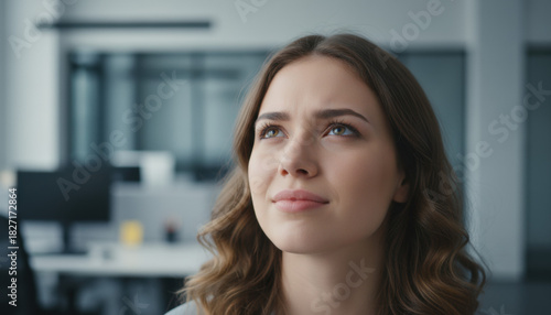 Young woman looking up with determination, anticipating future achievements in blurred office setting, concept for Generation Z career aspirations Free Download Young woman looking up with determination, anticipating future achievements in blurred office setting, concept for Generation Z career aspirations - GFXLoad