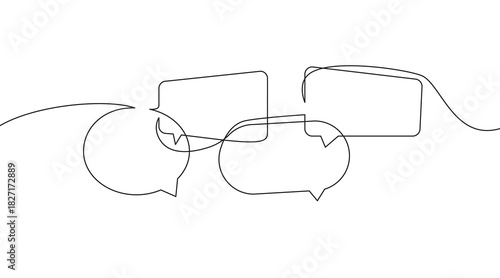 Minimalist continuous one line drawing of four speech bubbles in modern black ink style on a white background. Hand-drawn abstract chat bubbles perfect for communication themes, social media graphics