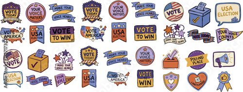Hand-drawn sticker style panoramic layout of multi-color usa voting badges and ballot boxes, close-up flat vector composition showing vote today ribbons and polling icons playful bright