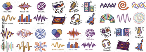 Whimsical doodle vector sheet showing close up pastel sound icons including cassette, turntable, headphones, speakers, spiral coil, vintage mic, overlapping orbs, sketchy ink outlines, playful layout