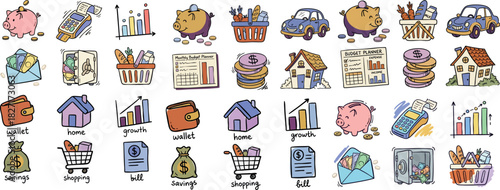 Whimsical doodle finance icons set with piggy bank, car, groceries, house, wallet, charts and bills arranged in horizontal landscape banner, colorful pastel vector art style illustration