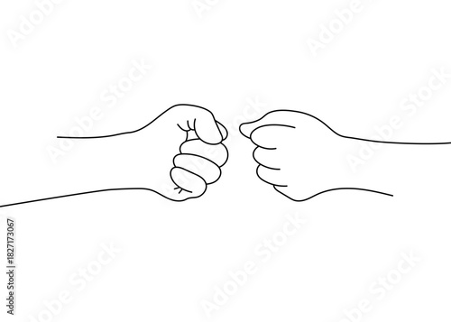 Continuous one-line drawing of two arms and hands performing a fist bump. Minimalist design symbolizing teamwork, partnership, unity, agreement, friendship, and collaboration. 