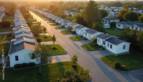 Fototapeta Naklejka Na Ścianę i Meble -  Aerial view of neat manufactured homes lined up on quiet street. Sun casts warm light over green lawns, trees in tidy residential neighborhood. Houses organized in structured community layout.