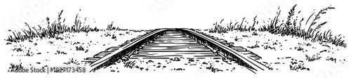 Hand drawn railroad track in grassy countryside landscape – vector illustration