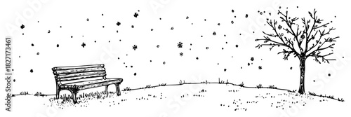 Hand drawn snowy park landscape with wooden bench lone tree and falling snowflakes – vector illustration