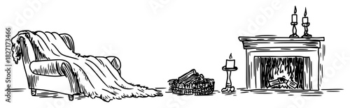 Hand drawn cozy winter living room with sofa blanket fireplace and candle – vector illustration