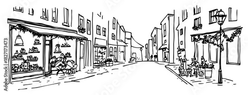 Hand-Drawn Festive European Street with Decorated Shopfronts Lamppost and Garlands – Black & White Vector Illustration