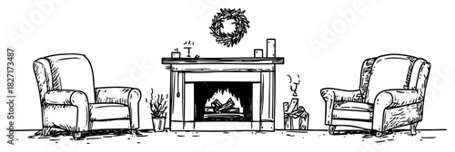 Hand-Drawn Cozy Christmas Living Room with Fireplace Armchairs and Wreath – Black & White Vector Illustration