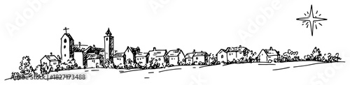 Hand-Drawn Bethlehem Star over Winter Village Skyline – Black & White Vector Illustration