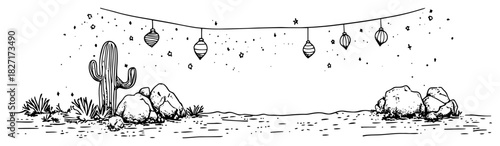 Hand-Drawn Desert Christmas Scene with Cactus Rocks and Ornament Garland – Black & White Vector Illustration