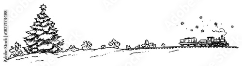 Hand drawn snowy countryside with decorated Christmas tree and vintage steam train – vector illustration