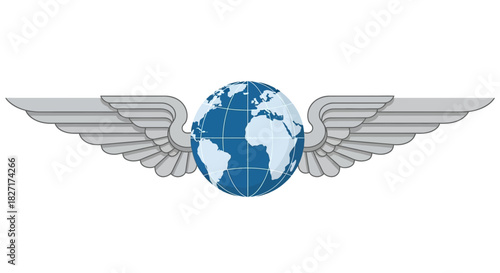 A silver winged emblem surrounding a blue planet Earth, symbolizing global flight, aviation, and international travel on a white background