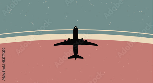 Silhouette of Airplane Flying Above Earth with Retro Color Scheme