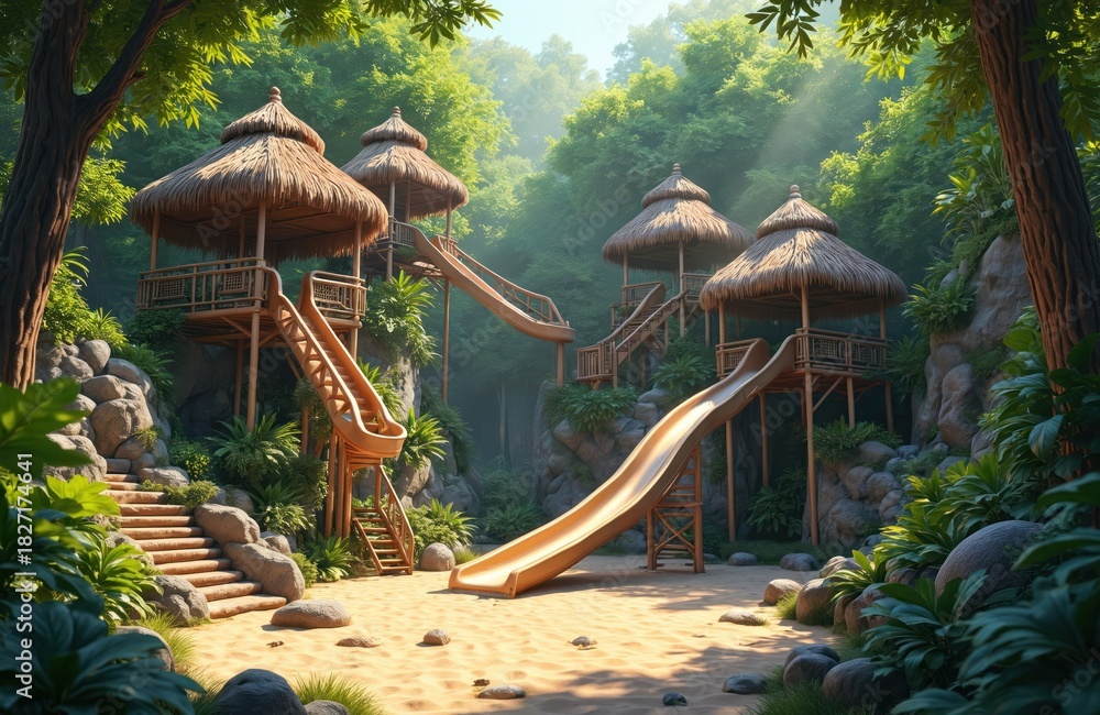 Fototapeta premium Jungle themed playground features huts with slides, stairs set amongst rocks, rich green foliage. Sandy ground, trees surround play structures for outdoor fun. Offers adventure in tropical nature