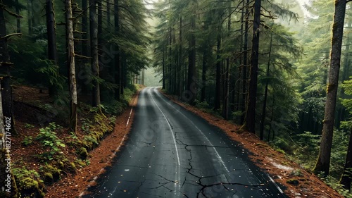 Winding road through a dense, misty forest. Autumn leaves cover the ground alongside the cracked asphalt. Atmospheric and serene landscape