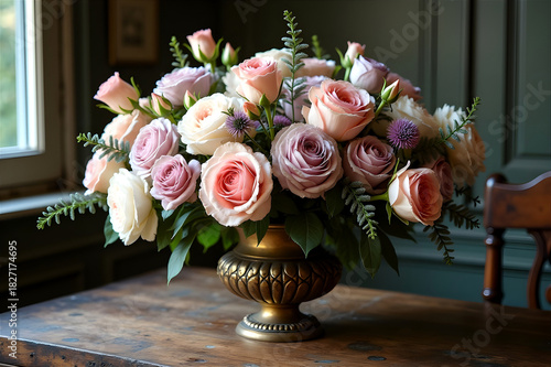 Large bouquet of pink roses in copper vase on rustic wooden table