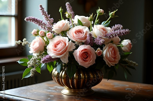 Large bouquet of pink roses in copper vase on rustic wooden table
