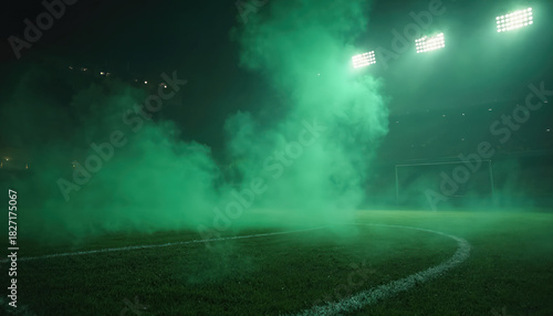 Wallpaper Mural Soccer stadium night scene with green smoke across field. Bright stadium lights illuminate. Football match with fog. Sport event with lights, green smog. Soccer gate view in smog night. Torontodigital.ca