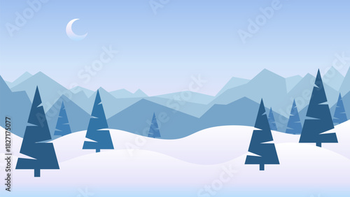 Winter mountain landscape background in a minimalist style. Blue mountains, snowy hills, pine trees, and a crescent moon. Vector illustration.
