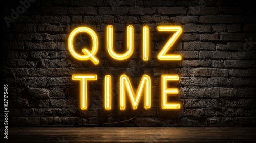 Bright Neon Quiz Time Sign on Brick Wall