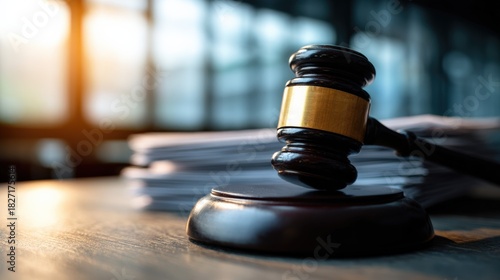 Close-Up of Judge's Gavel on a Wooden Desk with Papers