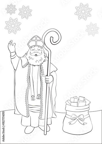 Sinterklaas, Saint Nicholas with mitre, coat, crook, sack of gifts and snowflakes around colouring page . Stock vector illustration