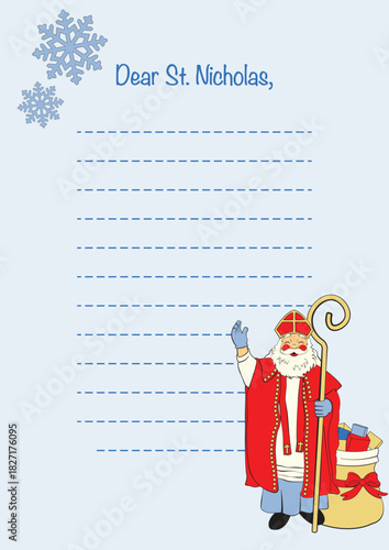 Letter template to St. Nicholas.Vector Illustration of Santa Claus with mitre and sack of presents on the background