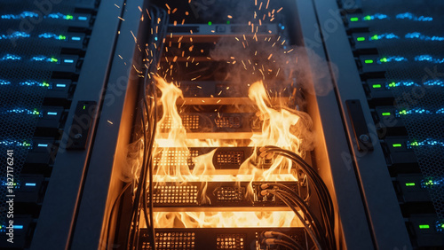 Server rack on fire with flames and sparks inside a data center. Network hardware failure and cybersecurity risk in an industrial environment.