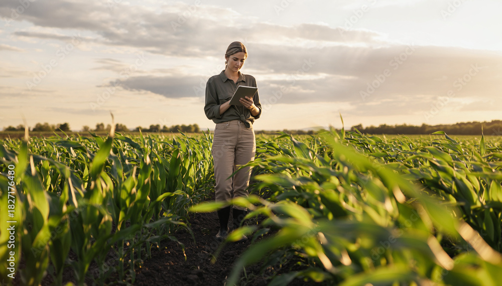 Fototapeta premium Farmer using tablet in corn field at sunset.